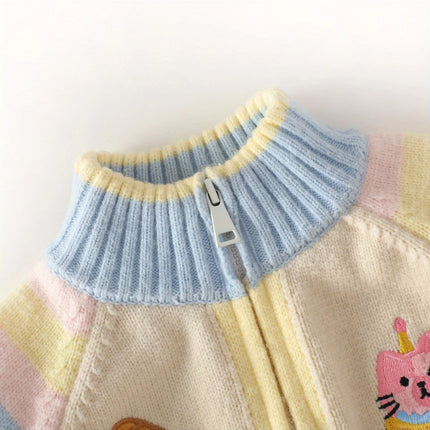 Children's Knitted Cardigan Zipper Jacket Cartoon Style Embroidered Jacket Girls Spring and Autumn New Sweater Spring Versatile