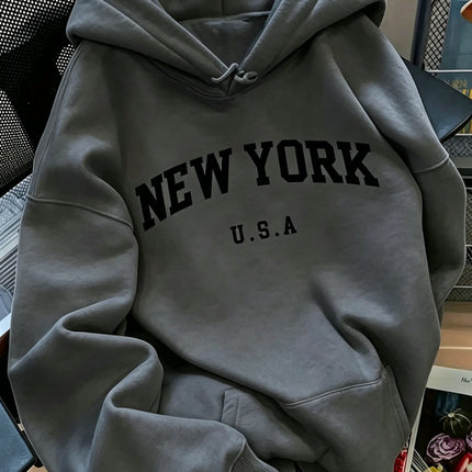 Men Women New York USA Graphic Hoodie  Loose Sweatshirt Vintage Streetwear Casual Soft Fleece Hooded Pullover Autumn Daily Wear