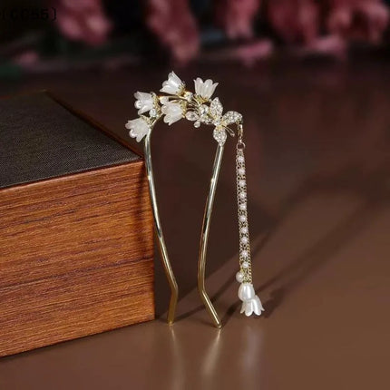 Hanfu Hair Access Long Tassel Vintage Lily Of The Valley U-shaped Hairpins Flower Handmade Hair Sticks For Women〔CC55〕