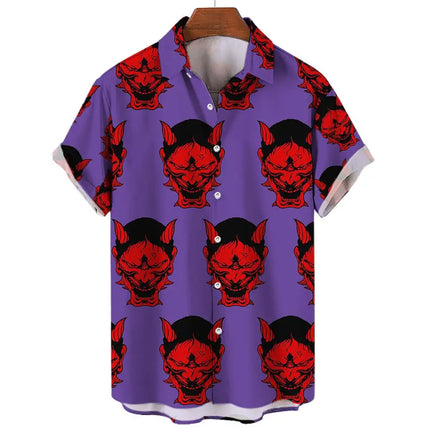 Devil Pattern Men's Shirts Oversized Shirt Loose Casual Double Patchwork Red Imp Party Festival Camisas Original