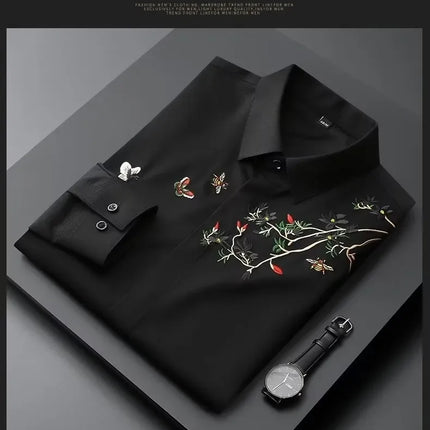 Elegant Chinese Style Embroidered Long Sleeve Men's Casual Shirt Autumn Iron Free Slim Fit Fashionable Top Men's Dress Shirt