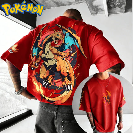 New Pokemon Cotton T Shirt with Charizard Front Print Blue Fire Wing Effects and Poke Ball Sleeve Logo Loose Fit Men Women