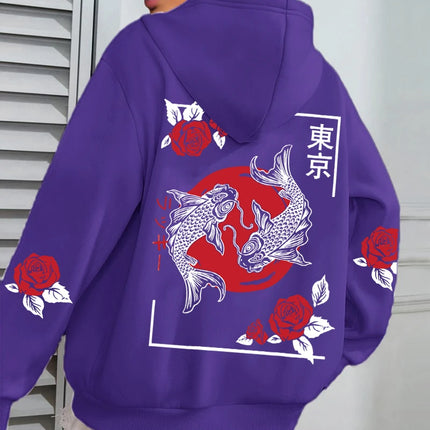 Tokyo Koi Fish Rose Harajuku Print Women Hoodie Loose Casual Hoody Autumn Multicolor Streetwear All-Match Fleece Clothes