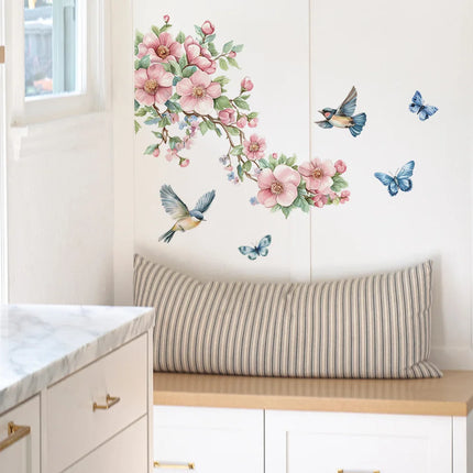 1PCS Watercolor Peach Tree Branches Leaves Bird Butterfly Bedroom Living Room Home Beautify Decorative Wall Stickers