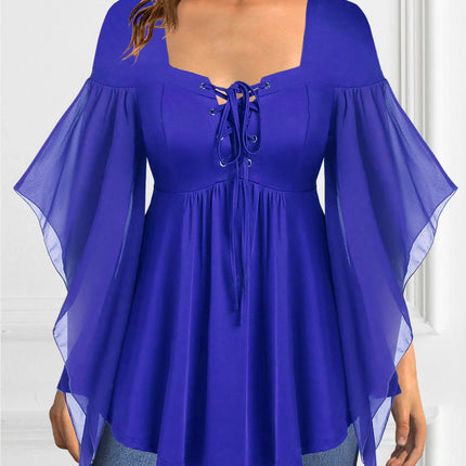 Plus Size Elegant Chiffon Blouse for Women Halloween Chic Lace-Up V-Neck Blouse Solid Color Flutter Sleeves Blouse Tops