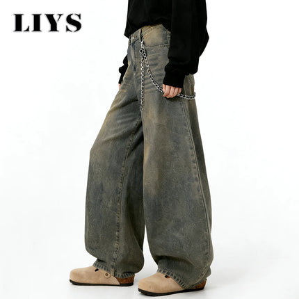 LIYS American Retro Baggy Wide Leg Jeans Men's Streetwear Distressed Y2K Clothing Casual Daily Four Seasons Denim Pants Unisex