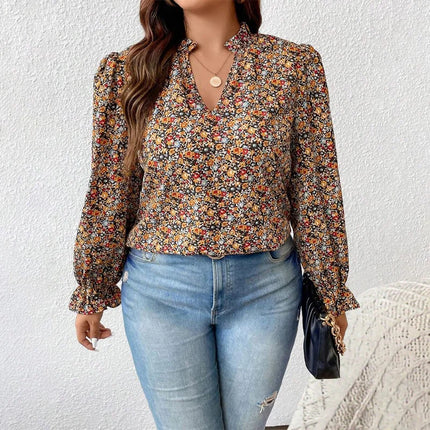 Plus Size Women's Shirt, Flower Print V Neck Long-Sleeved Top, Loose Fit, Elegant Design, Fabric Soft, Vacation Casual Shirt