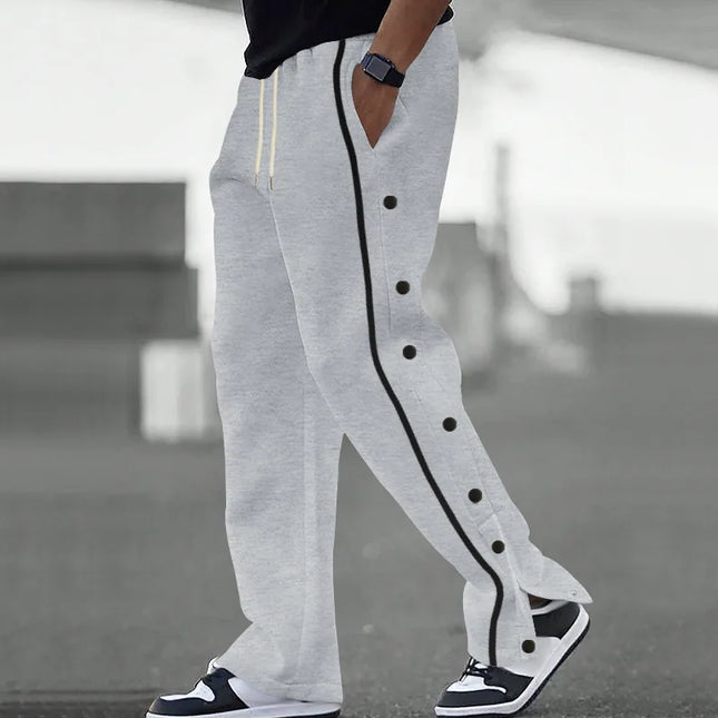 Men's casual solid-color two-side buttoned decorative sports pants for street fashion, high-quality drawstring straight-leg pant