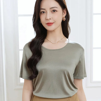 Summer High-End Women's Short Sleeve T-Shirt Acetate Fabric Knitted European Style Thin Hot Selling Top for Ladies