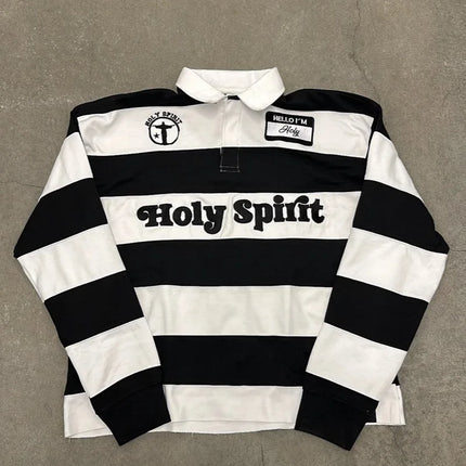 Unisex Red White Stripe Rugby Polo Long Sleeve Shirt, Holy Spirit Embroidery Patch Loose Vintage Y2K Streetwear Pullover Top