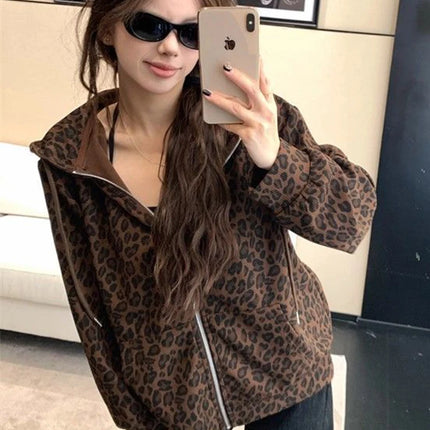 Women Y2K Leopard Hoodies Streetwear Loose Harajuku Retro Sweatshirts Hip Hop Fall American Vintage Female Long Sleeve Tops New