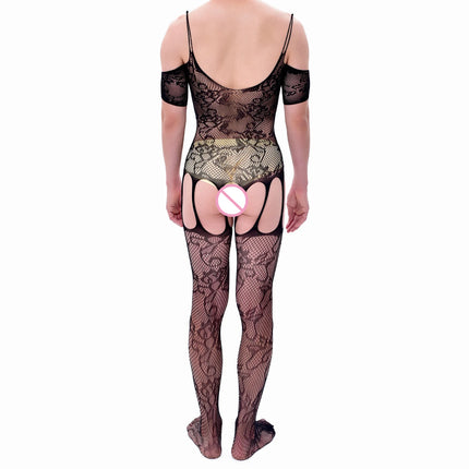CLEVER-MENMODE Crotchless Pantyhose Men Bodysuit Sexy Fishnet Lingerie Lace Mesh Jumpsuit Stockings Garter Belt Sissy Nightwear