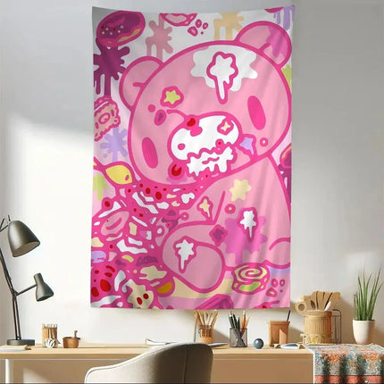VIKAMA Cute Pink Bear Cartoon Tapestry, Wall Hanging For Living Room, Bedroom, Gaming Room, Dorm And Birthday Party Home Decor