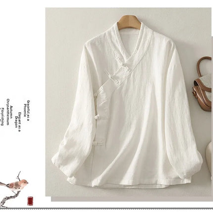 Loose Fit Long Sleeve Shirt New Autumn 2025 Chinese Style Button Zen Study Robe Tea Ceremony Side Buttoned Cotton Linen Shirt