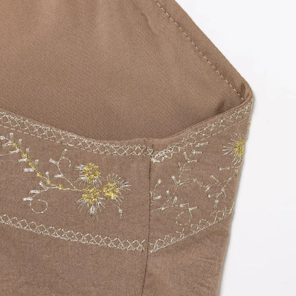 HH Women's Summer Sexy Sling Tops Light Brown V-Neck Sleeveless Embroidery Lace-Up Decoration Fashion Short Tops