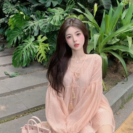 Korean Version V-neck Long Sleeved Shirt for Women's Spring 2024 New Loose Medium Long Sun Protection Shirt Top Two-piece Set