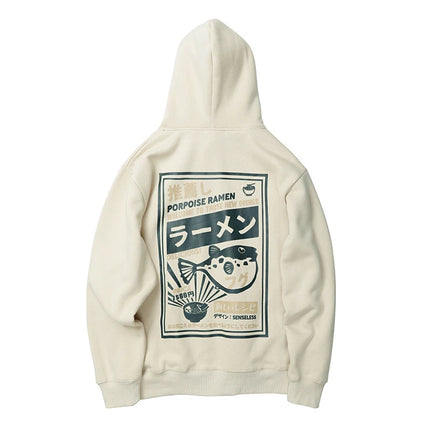 Hip Hop Men Cotton Pullover Hoodies Sweatshirts Thicken Japanese Style Hooded Puffer Fish Print Men&Women Outdoor Sportswear