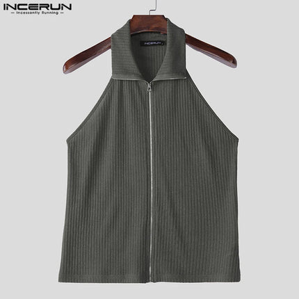 INCERUN Tops 2025 Korean Style Fashion Men's Knitted Texture Hanging Neck Design Vests Casual Streetwear Solid Zipper Tank Tops