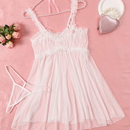 Women Perspective Mesh Nightdress Bow Wrapped Around Chest Pink Sexy Babydoll With Thong Erotic Sexy Lingerie Valentine Day Gift