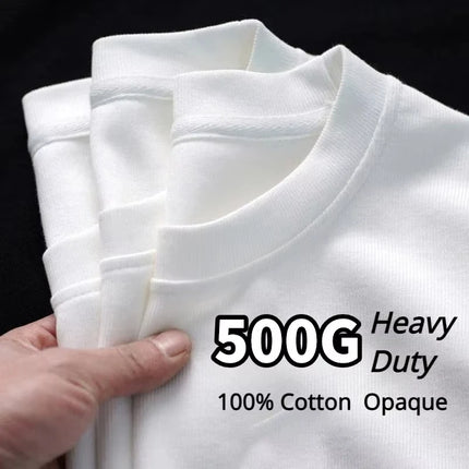 500/300g Heavy-duty White Pure Cotton T-shirt Thickened Ribbed Round Neck Short Sleeves Double-stitched Half Sleeve Tees