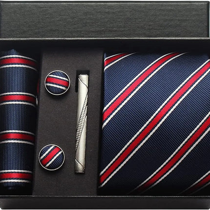 Classic 100% Silk Men's Ties In Gift box 8cm Plaid Dot Striped Business Necktie Handkerchief Cufflinks Wedding Party Tie Set