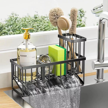 LMETJMA Sponge Holder Carbon Steel Sink Caddy Sponge Holder With Self Drain Tray Kitchen Sink Caddy Organizer with Divider
