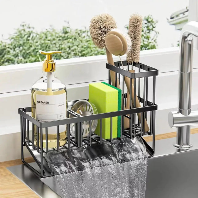 LMETJMA Sponge Holder Carbon Steel Sink Caddy Sponge Holder With Self Drain Tray Kitchen Sink Caddy Organizer with Divider