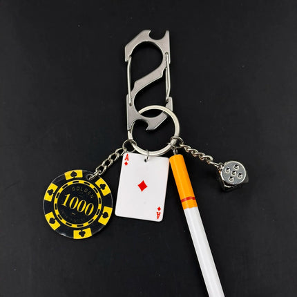Handmade Style Casino Keychain with Dice Poker Chip Cigarette Charm Keyring for Men Streetwear Gift