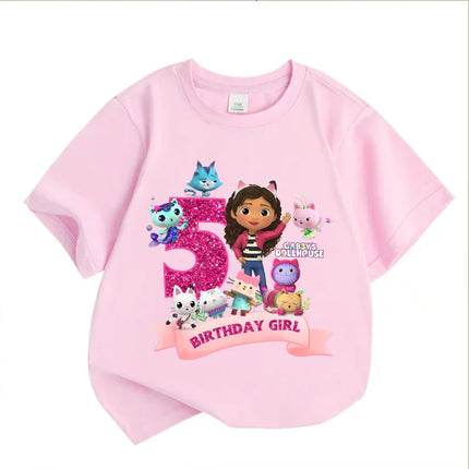 Gabby's Dollhouse Birthday Number T-shirt Girls White Pink Short Sleeve T-shirts Tops Cotton Summer Casual Party Supplies Tee