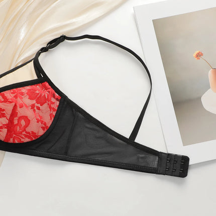 Hot Sale Seductive Black Mesh Red Floral Lace Sheer Underwire Bra Brief Lingerie Set Soft & Breathable YS2450