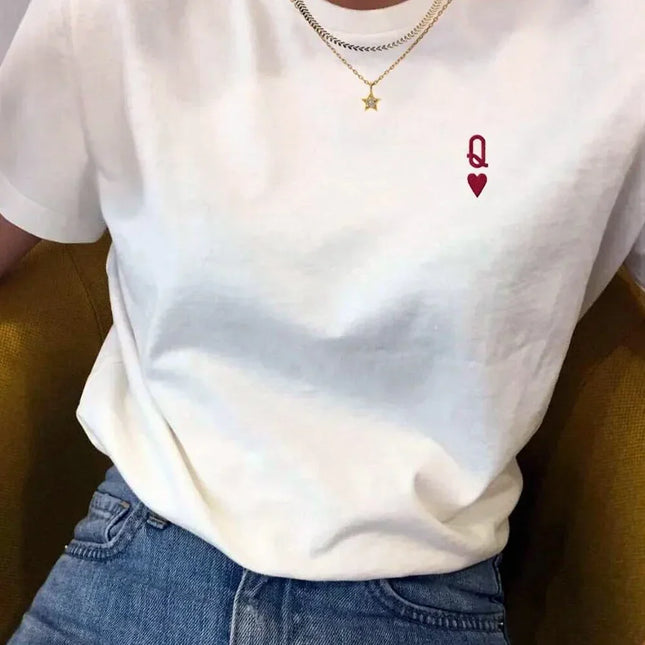 Queen of Hearts Letter T Shirts Female White Tops Short Sleeve Casual Shirt Women Graphic Tees Female Clothing