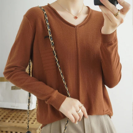 2023 Autumn/Winter Women's New Pullover Casual Solid 100% Cotton Knitted V-Neck Loose Sweater Fashion Soft Breathable Top
