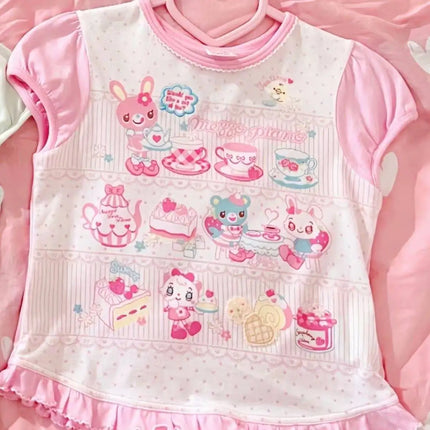 Cute Lolita Tee Women Japanese Harajuku Fairy Grunge Patchwork Tops Y2K Sweet Ruffle Detail Female Daily Outfit