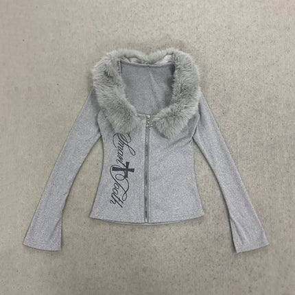 Spring new high street Harajuku style hooded sweatshirt with long sleeves and fur collar pattern printed slim fit waist jacket