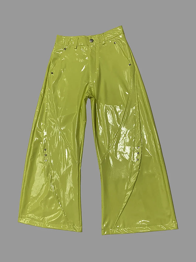Nerazzurri Spring Autumn Studded Soft Shiny Bright Reflective Patent PVC Leather Wide Leg Pants for Men Y2K Streetwear Fashion