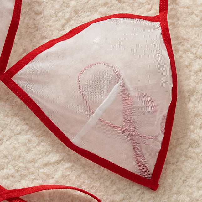 Red Transparent Color Blocked Mesh Hanging Neck Strap Bra Two-piece Sexy Women's Deep V Bikini-Style Underwear Set Erotic Costumes