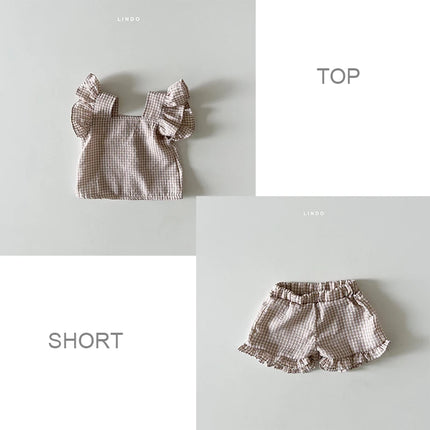 Baby Girl Plaid Clothes Set Casual Ruffle Sleeves T-shirt Top Shorts Girl Simple Set Kid Summer Bebes Accesorios Recien Nacido