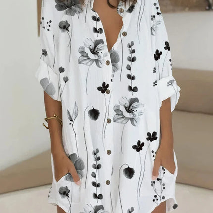 Plus Size Summer Women's Shirt V-neck Random Print Single Row Button Fashion Casual Loose Polyester Home Office Holiday