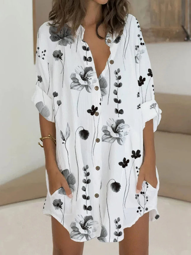 Plus Size Summer Women's Shirt V-neck Random Print Single Row Button Fashion Casual Loose Polyester Home Office Holiday