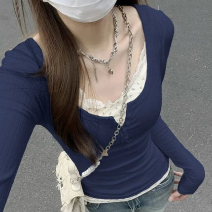 Women's Streetwear Fake Two-Piece Long Sleeve T-shirt Floral Lace Trim Casual Slim Fit Tees Female Autumn Winter Bottoming Top