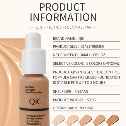 Liquid Foundation Concealer Face Naturally Flawless Matte Oil-Control Waterproof Long Lasting Foundation 30ml 5 Colors Optional
