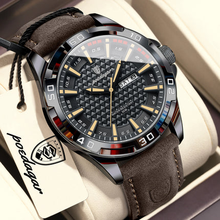 POEDAGAR Top Fashion High Quality Men's Watch Waterproof Luminous Date Week Watch for Men Leather Military Men's Quartz Wristwatch
