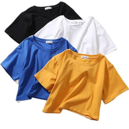 Summer Short Sleeve T Shirts Women  Solid T-shirt O Neck High Waist Crop Top Tee Female Casual Loose T Shirt