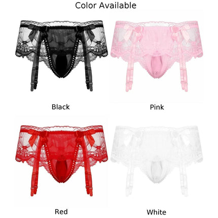 Sexy Men's Panties Sissy Lace Transparent Bowknot Lingerie Men Bulge Pouch Briefs Underwear Pump Man Briefs With Garter