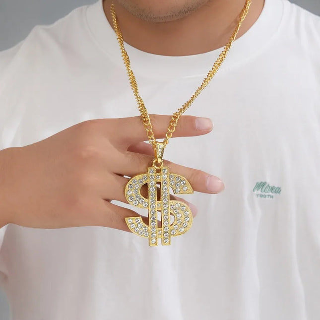 European and American exaggerated hip-hop domineering thick dollar symbol necklace alloy diamond-encrusted chain personality tr