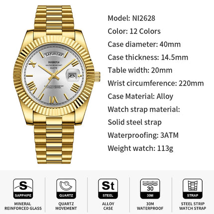 NIBOSI Brand Luxury Gold Red Quartz Watch for Men, Stainless Steel, Waterproof, Luminous, Date, Week, Fashion Men's Watches, Reloj Hombre