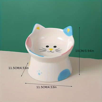 1PC Elevated Cat Food Dish, Ceramic, Raised Feeding Station, Shallow for Whiskers, Dishwasher Safe
