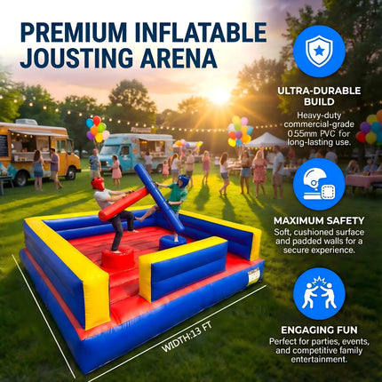 2 Person Inflatable Gladiator Game - 13x13ft Joust Fighting Arena, Indoor/Outdoor Inflatable Jousting Ring Arena Rental with Sticks and Helmets