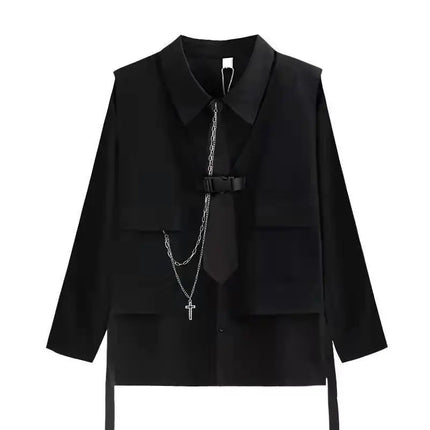 Men Women Gothic Shirt Suit Korean Loose Long-sleeved Blouse Functional Workwear Suit Vest Two-piece Set 2023 Spring Autumn Top