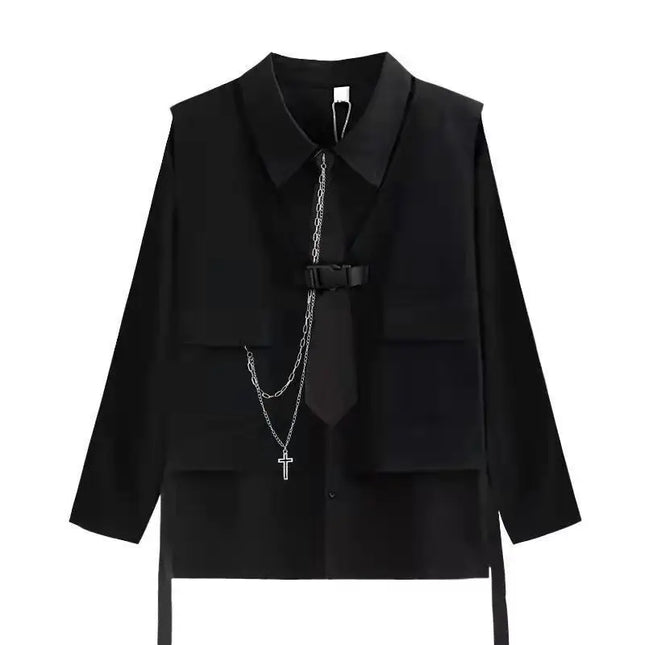 Men Women Gothic Shirt Suit Korean Loose Long-sleeved Blouse Functional Workwear Suit Vest Two-piece Set 2023 Spring Autumn Top